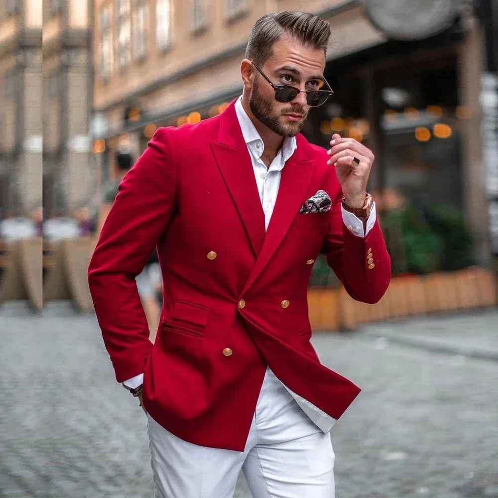 Slim Fit Blazer Men - Jas Merah Celana Putih Setelan Pria